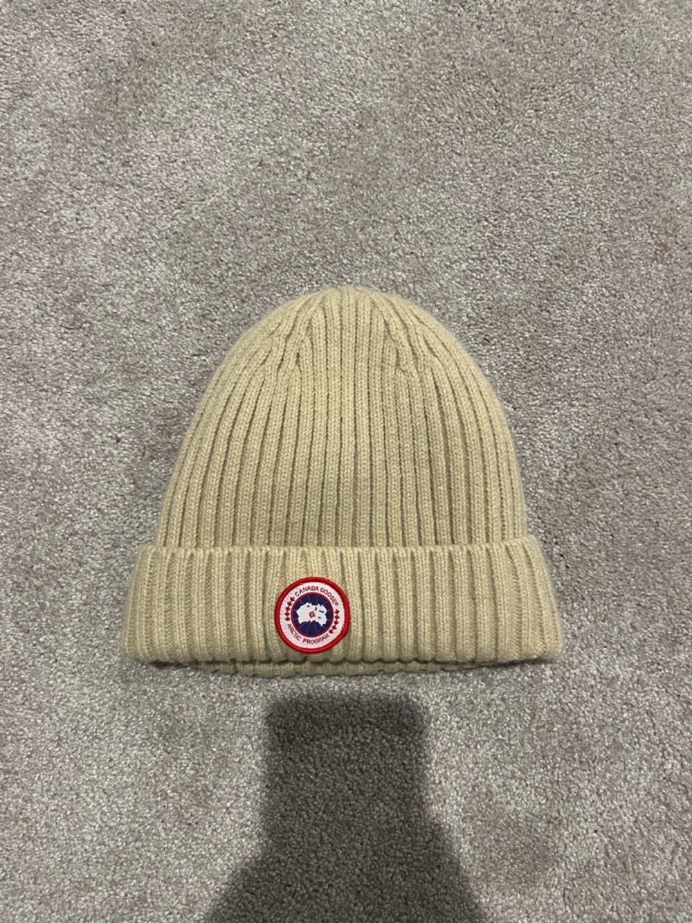 Canada Goose Knit Cuffed Beanie in Beige with Logo Patch